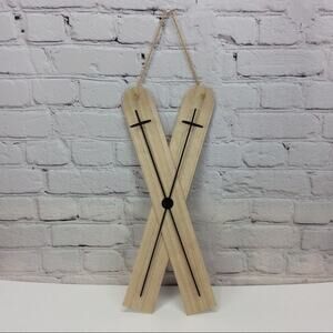 Wooden Snow Skis Wall Hanging Lodge Decor Rustic Cabin Winter Rope Hanger